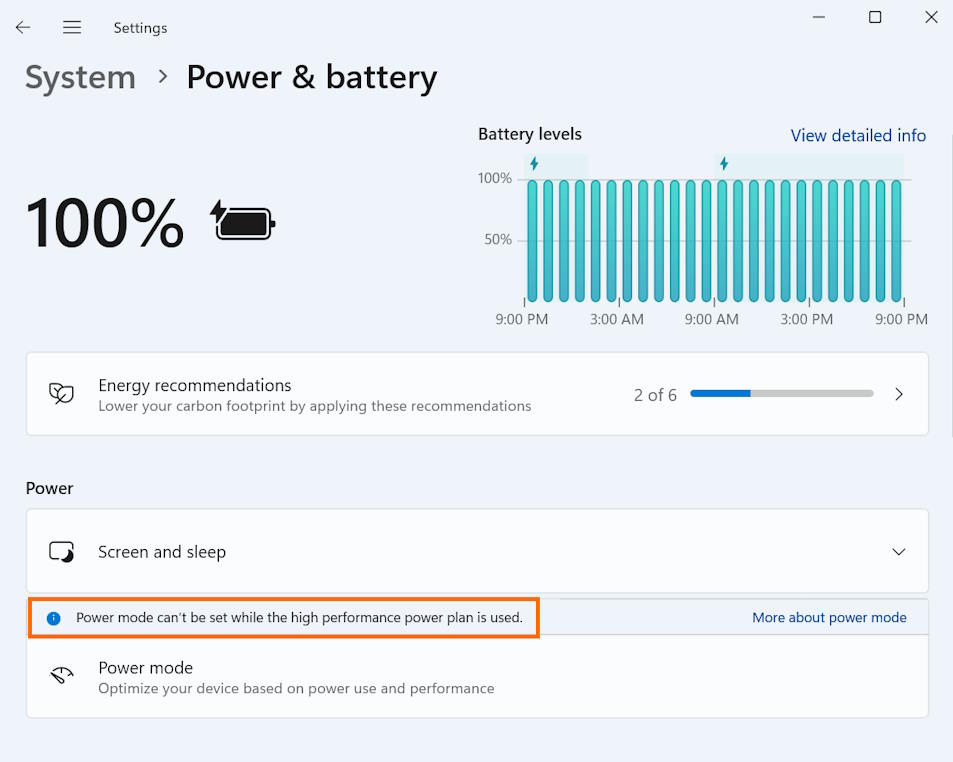 Solve Power mode can't be set while the high performance power plan is used Problem in Windows 11