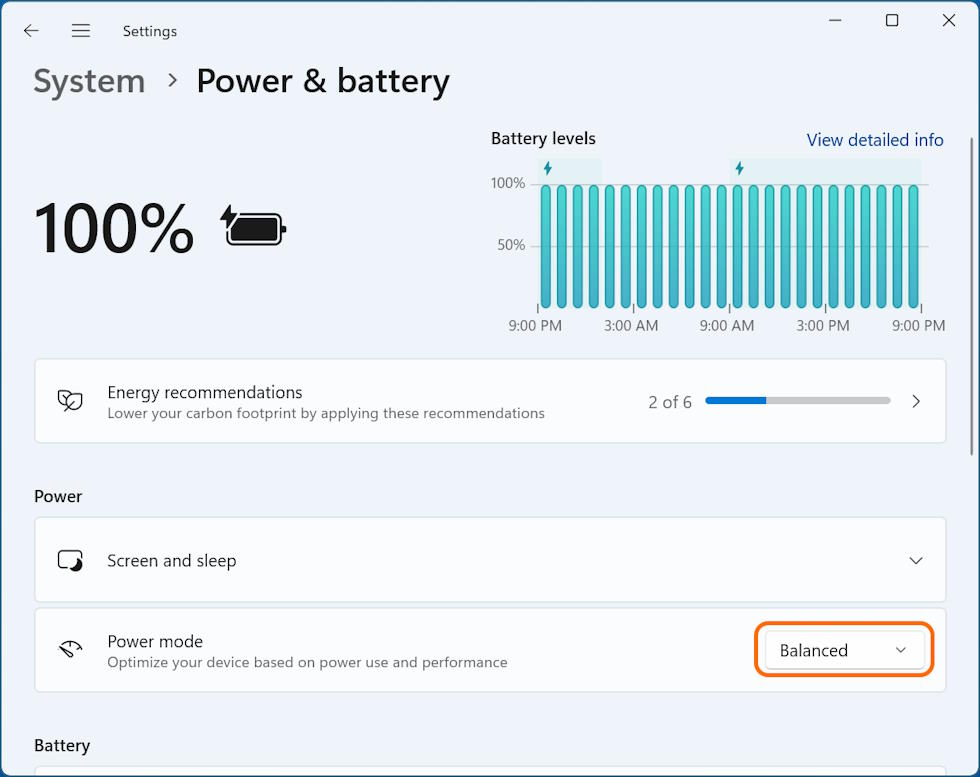 Windows 11 Settings Power Mode - Balanced, Best Efficiency, Best Performance